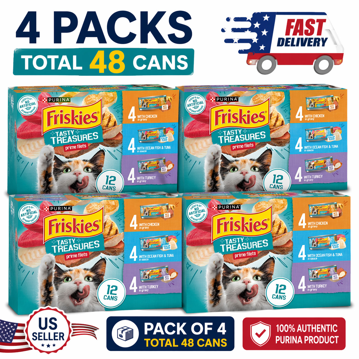 Friskies Gravy Tasty Treasures Prime Filets, Wet Cat Food, 48 pack, 5.5 oz /Cans