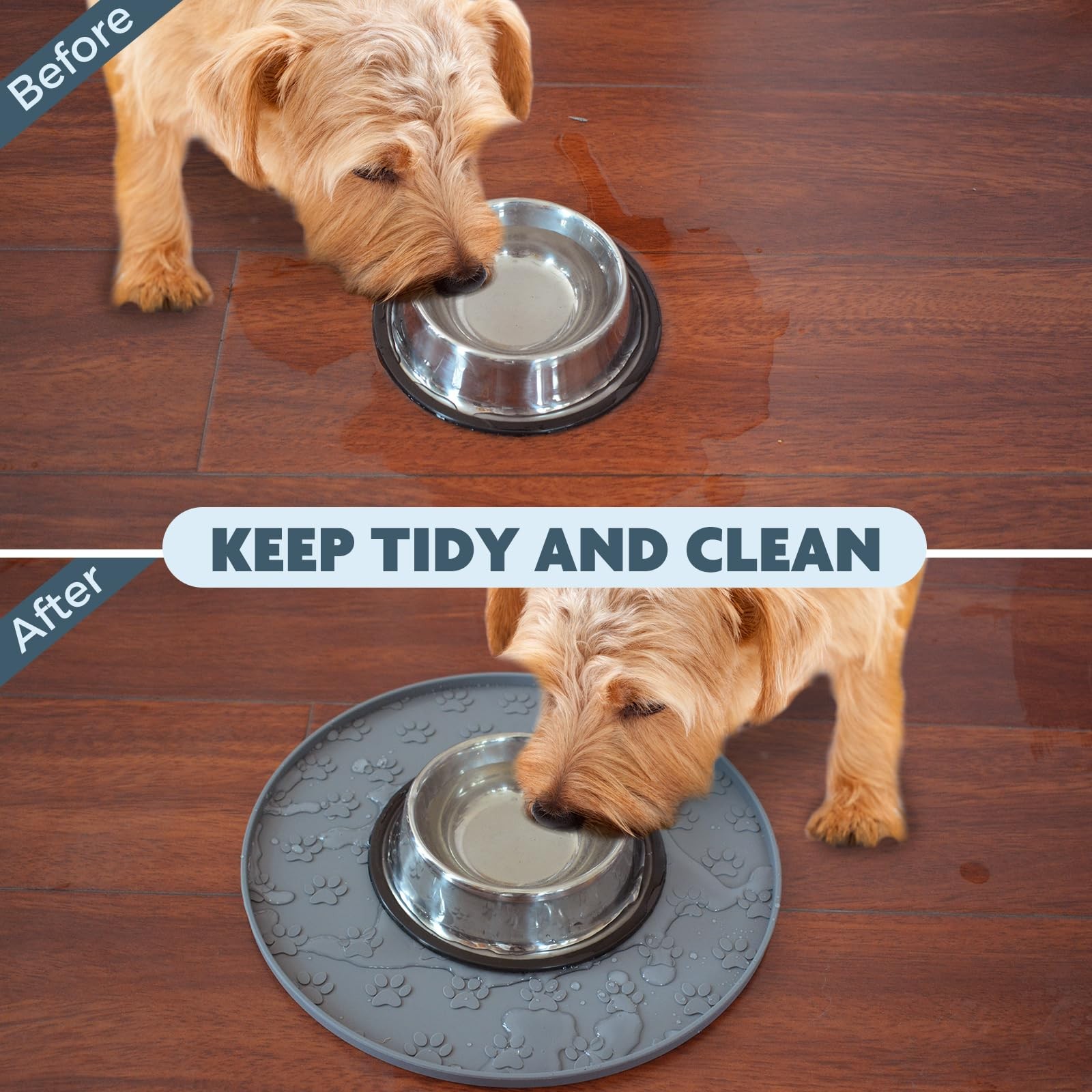 SUNLAND Silicone Pet Food Mat Dog Cat Feeding Bowl Mats Grey 11″ Round, Gray