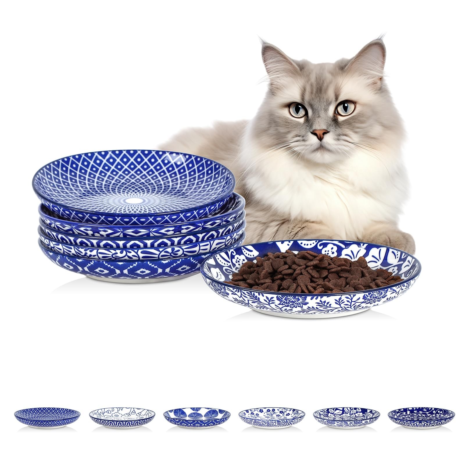 Selamica Ceramic Cat Bowls, 6″ Wide Shallow, Whisker Relief, Vintage Blue, Set o