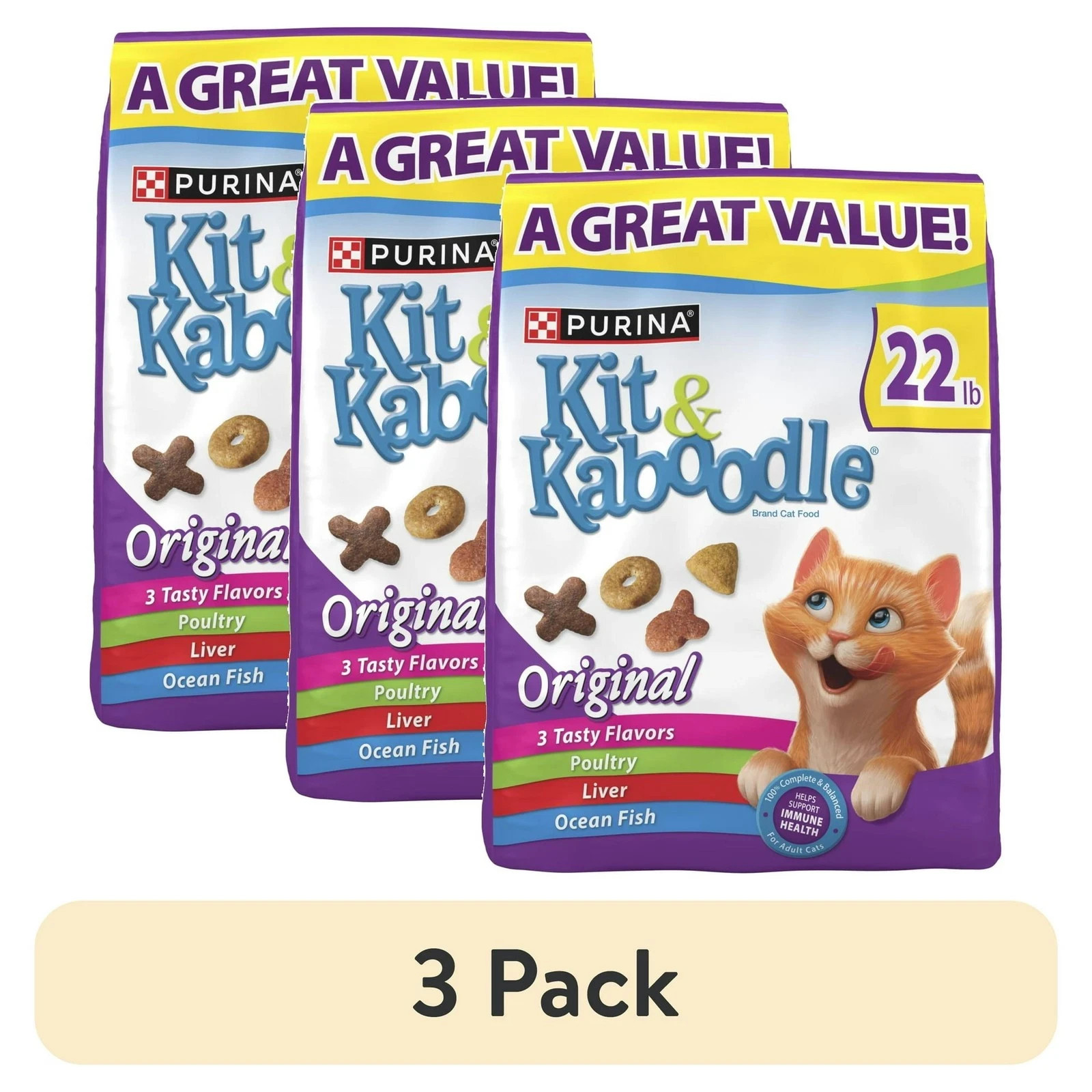 (3 pack) Purina Kit and Kaboodle Dry Cat Food Original Poultry, 22 lb. Bag