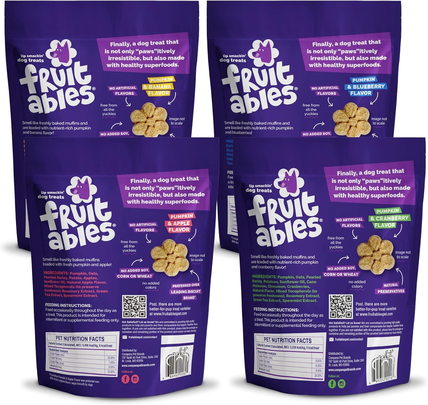 Fruitables Baked Dog Treats Variety 4 Pack (Pumpkin & Apple, Banana, Blueberry,