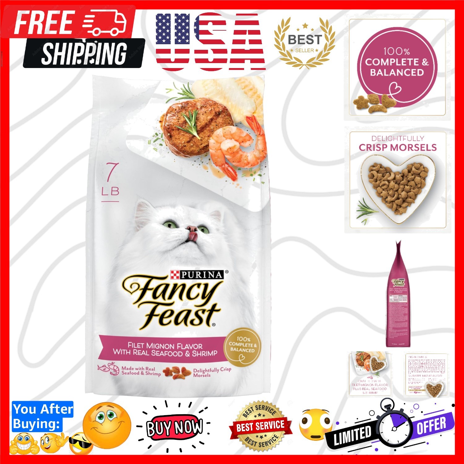 Purina Filet Mignon Flavor with Real Seafood & Shrimp Dry Cat Food 7 Pound Pa…