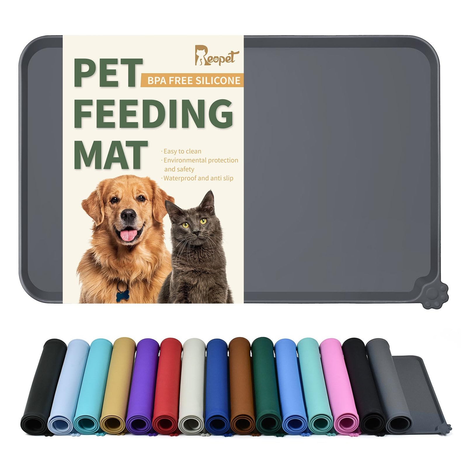 Reopet Silicone Pet Feeding Mat – Waterproof & Non-Slip 18.5″ x 11.5″, Grey