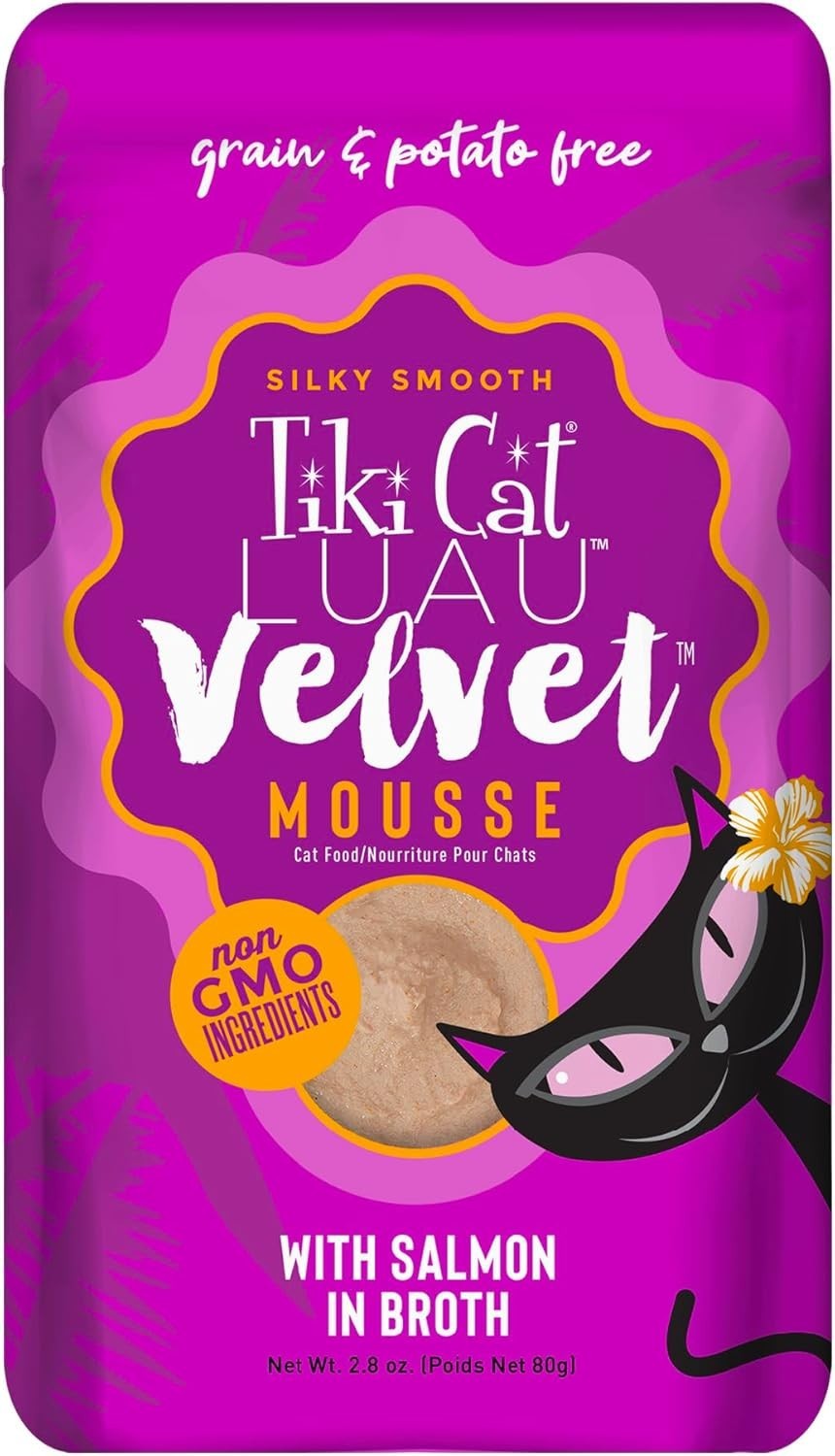 15 Tiki Cat Luau Velvet Mousse w/ Salmon in Broth 2.8 oz Exp. 12/26