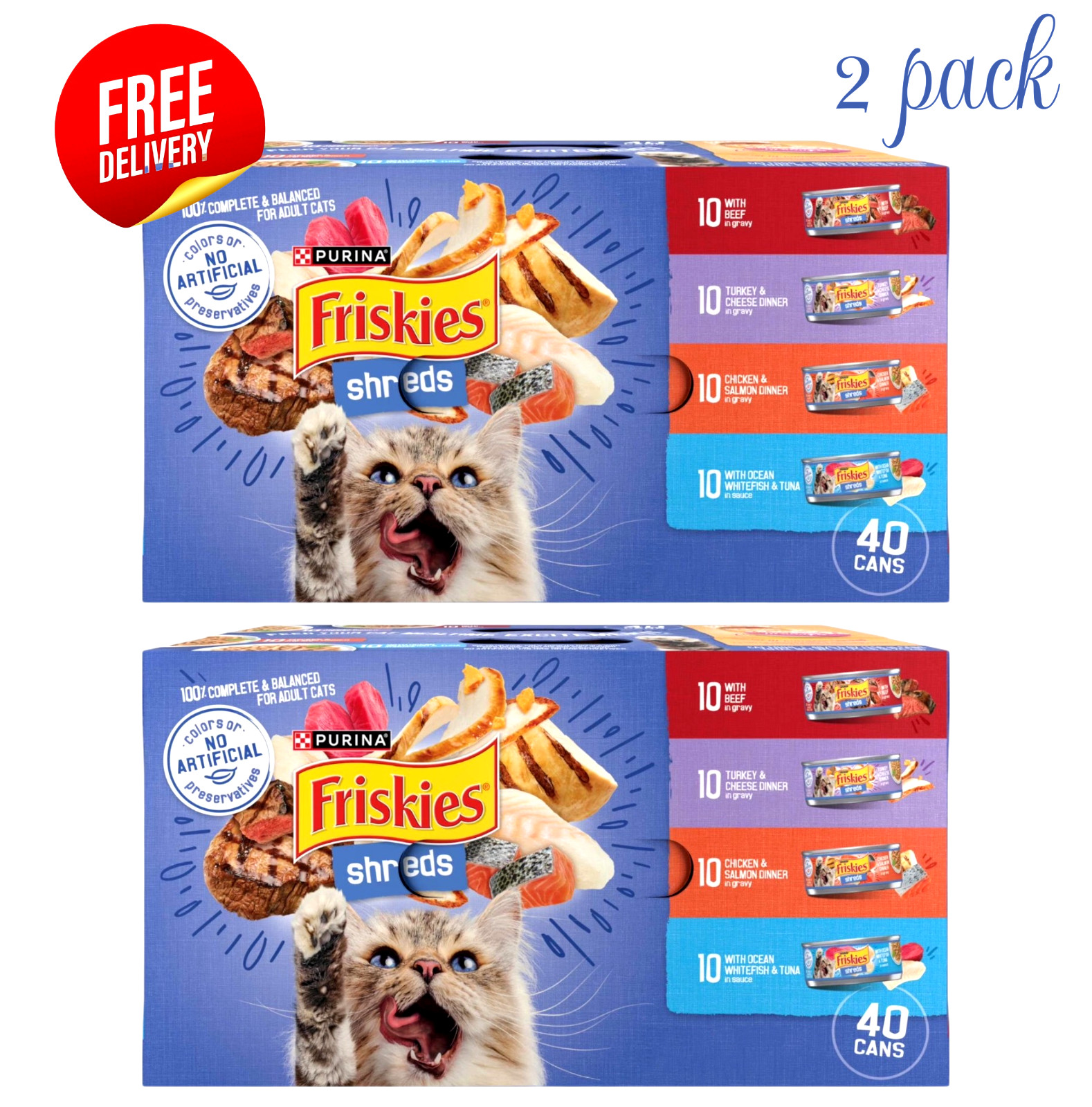 Purina Friskies Shreds Variety Pack Wet Cat Food Gravy 80 Cans 5.5 oz