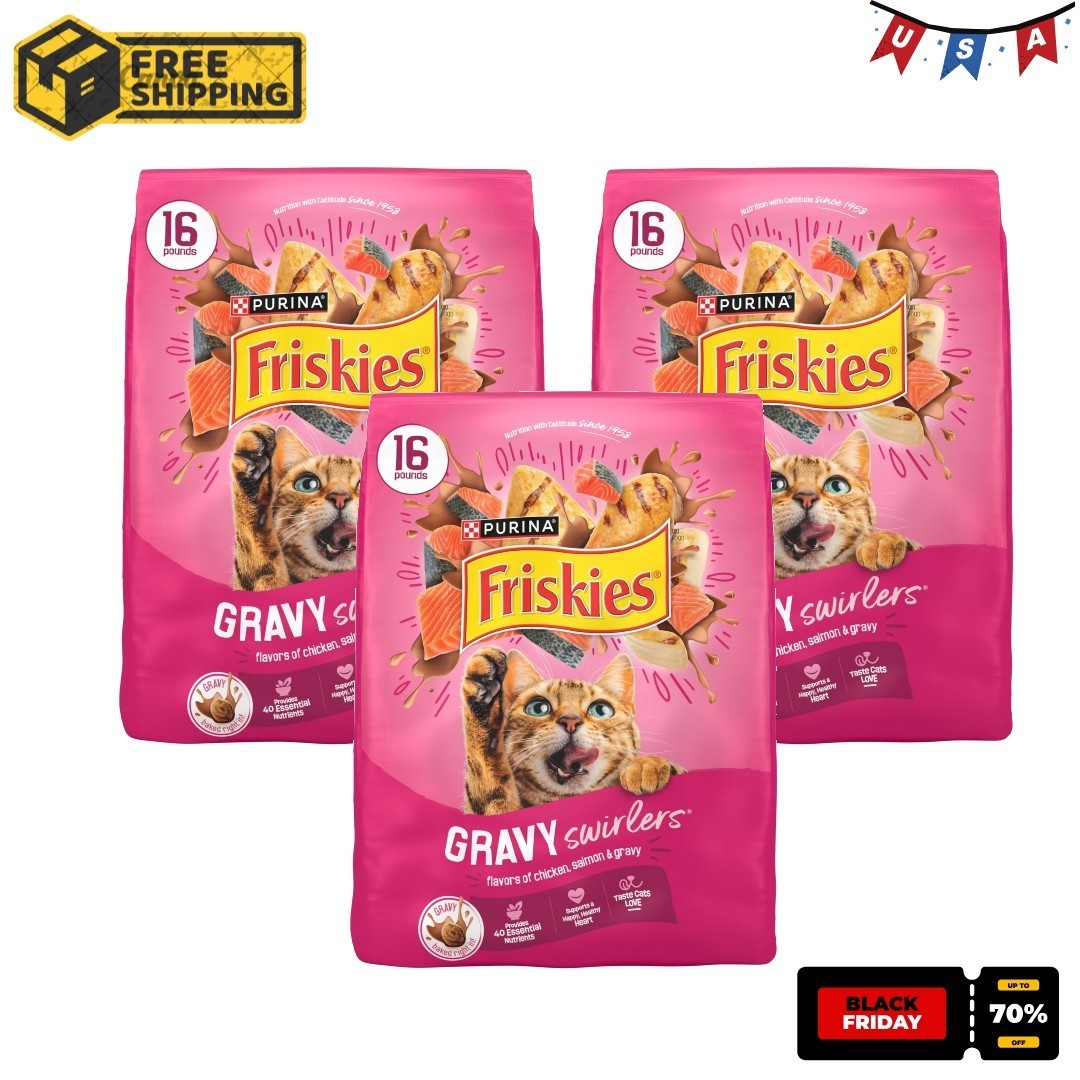 3P Purina Friskies Gravy Swirlers Dry Cat Food Flavors of Chicken, Salmon 16lb