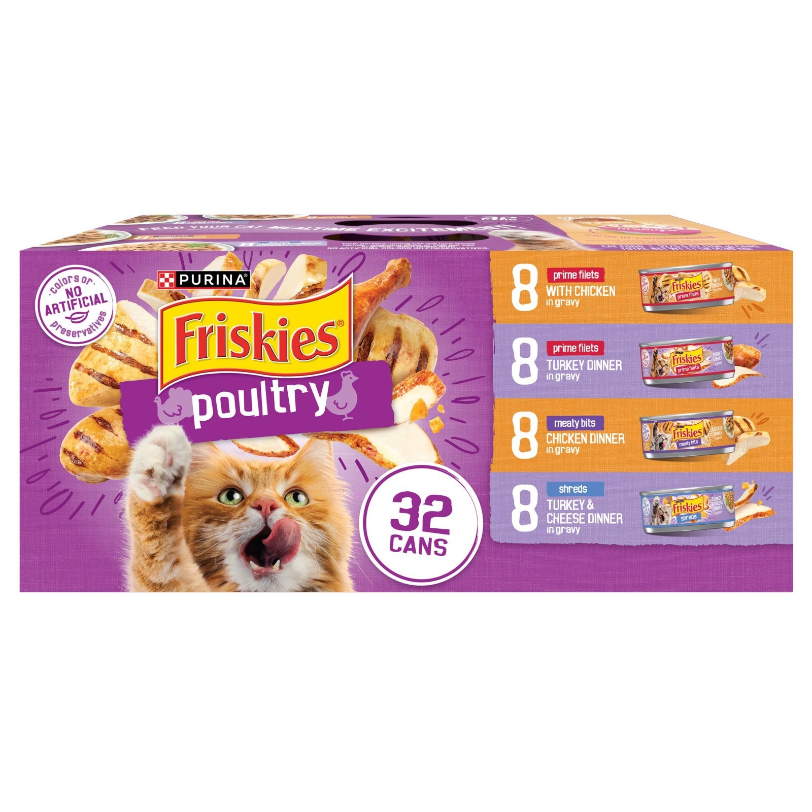 Variety Pack Wet Cat Food – Poultry Shreds, Meaty Bits & Prime Filets – 32 Cans