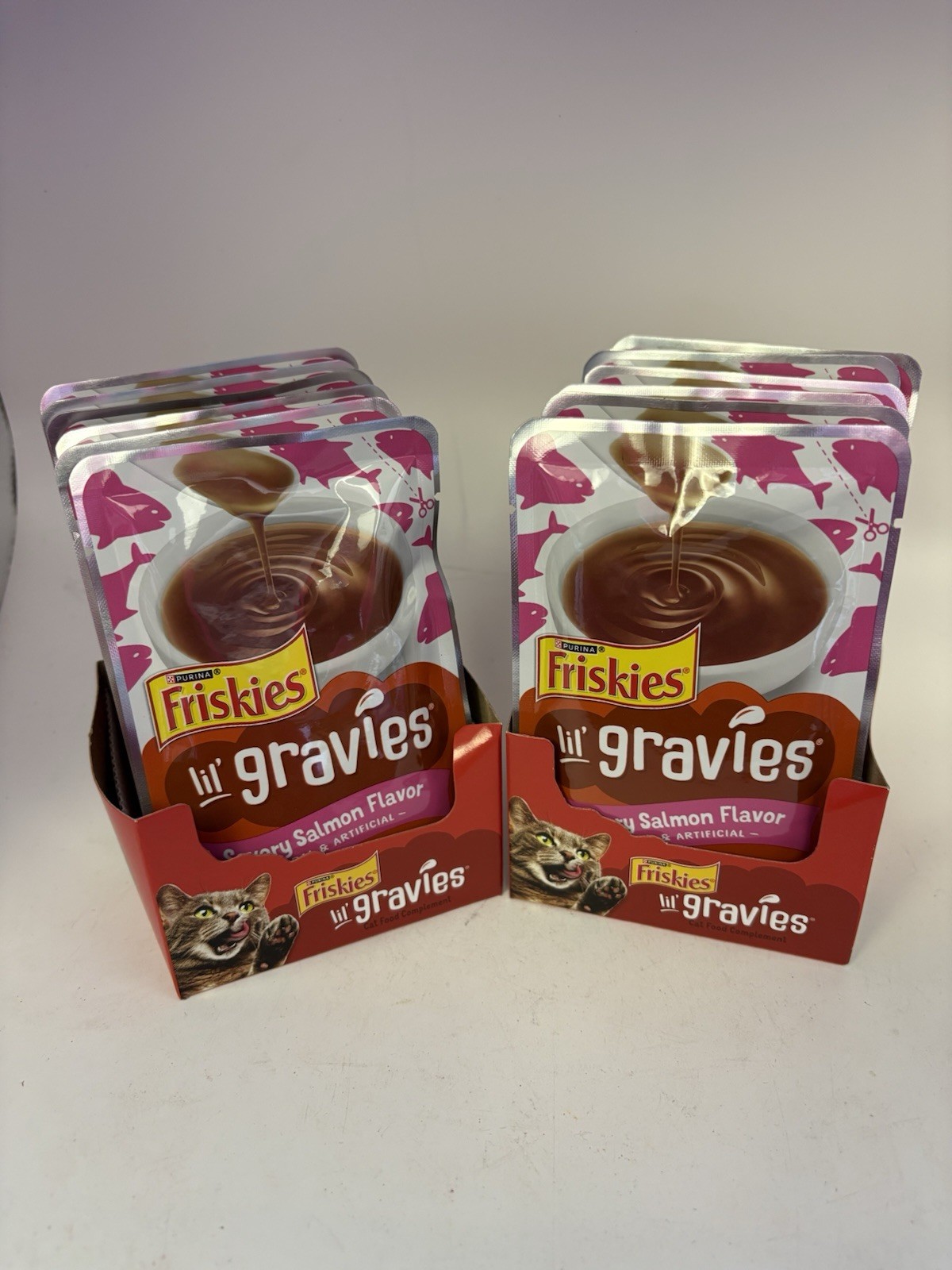 Lot of 12 Friskies Lil’ Gravies Savory Salmon Flavor Cat Food Toppers Pouches