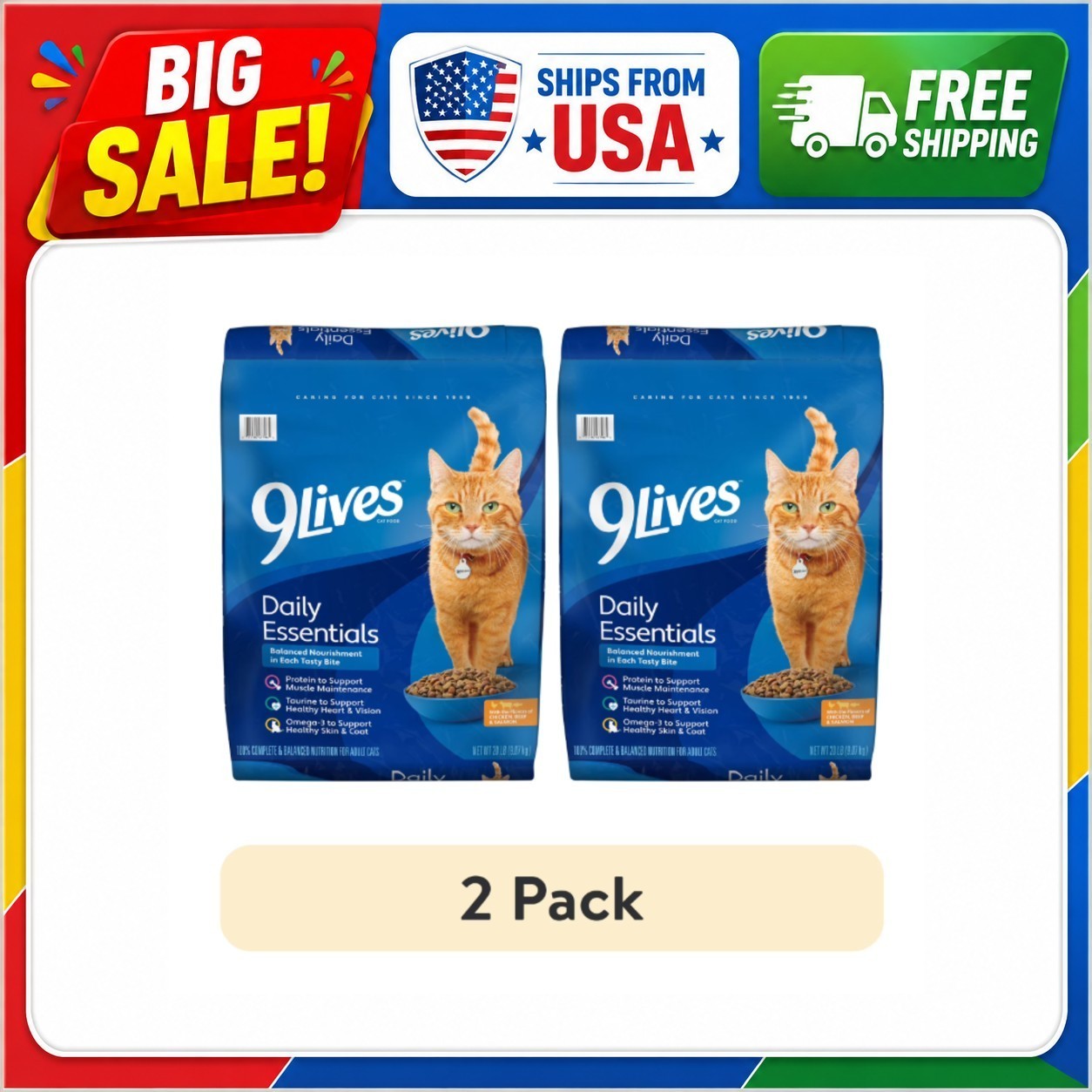 2 Pack 9Lives Daily Essentials Dry Cat Food Chicken Beef Salmon 20 lb Bag (40lb)