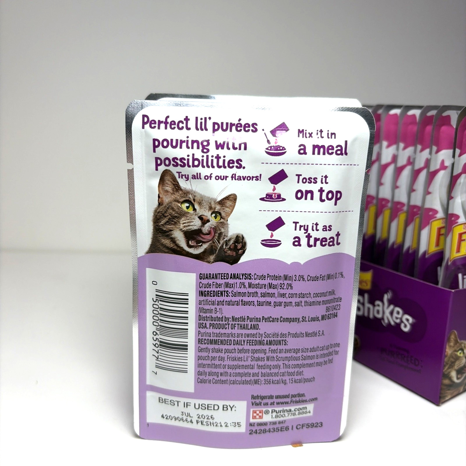 Purina Lil’ Shakes Salmon Cat Food Topper, 16 Pack, All Ages, 1.55 oz Exp Jul 26