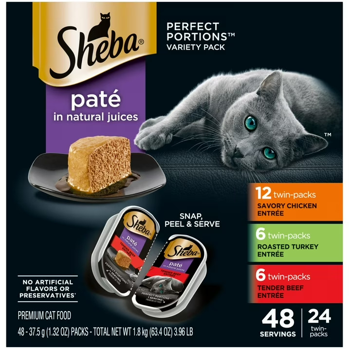 Sheba Wet Cat Food Pate Variety Pack, Savory Chicken, Roasted Turkey, and Tender