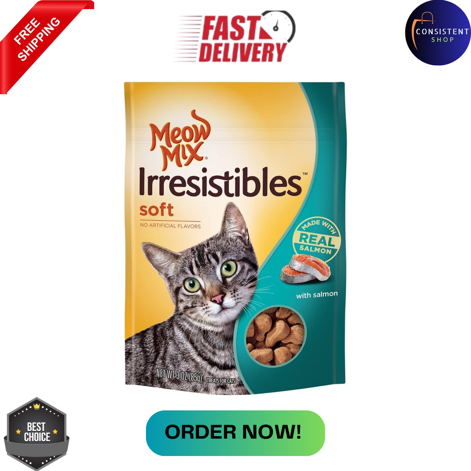 Meow Mix Irresistibles Soft Cat Treats, Salmon, 3 Ounce Bag (Pack of 5)