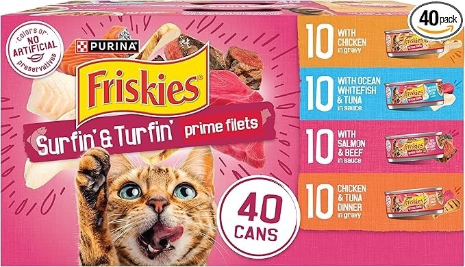 Purina Friskies Gravy Wet Cat Food Variety Pack, Surfin’ Turfin’ Pack of 40) 5.5