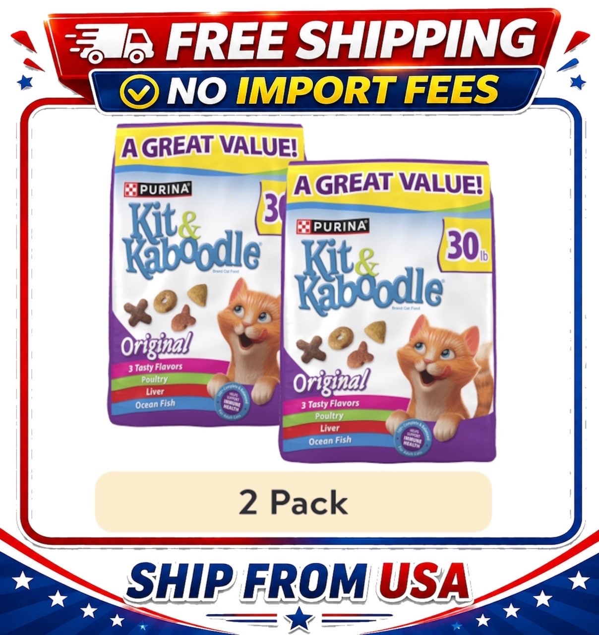 (2 pack)Purina Kit & Kaboodle Original, Indoor Dry Cat Food, Chicken, Liver,30lb