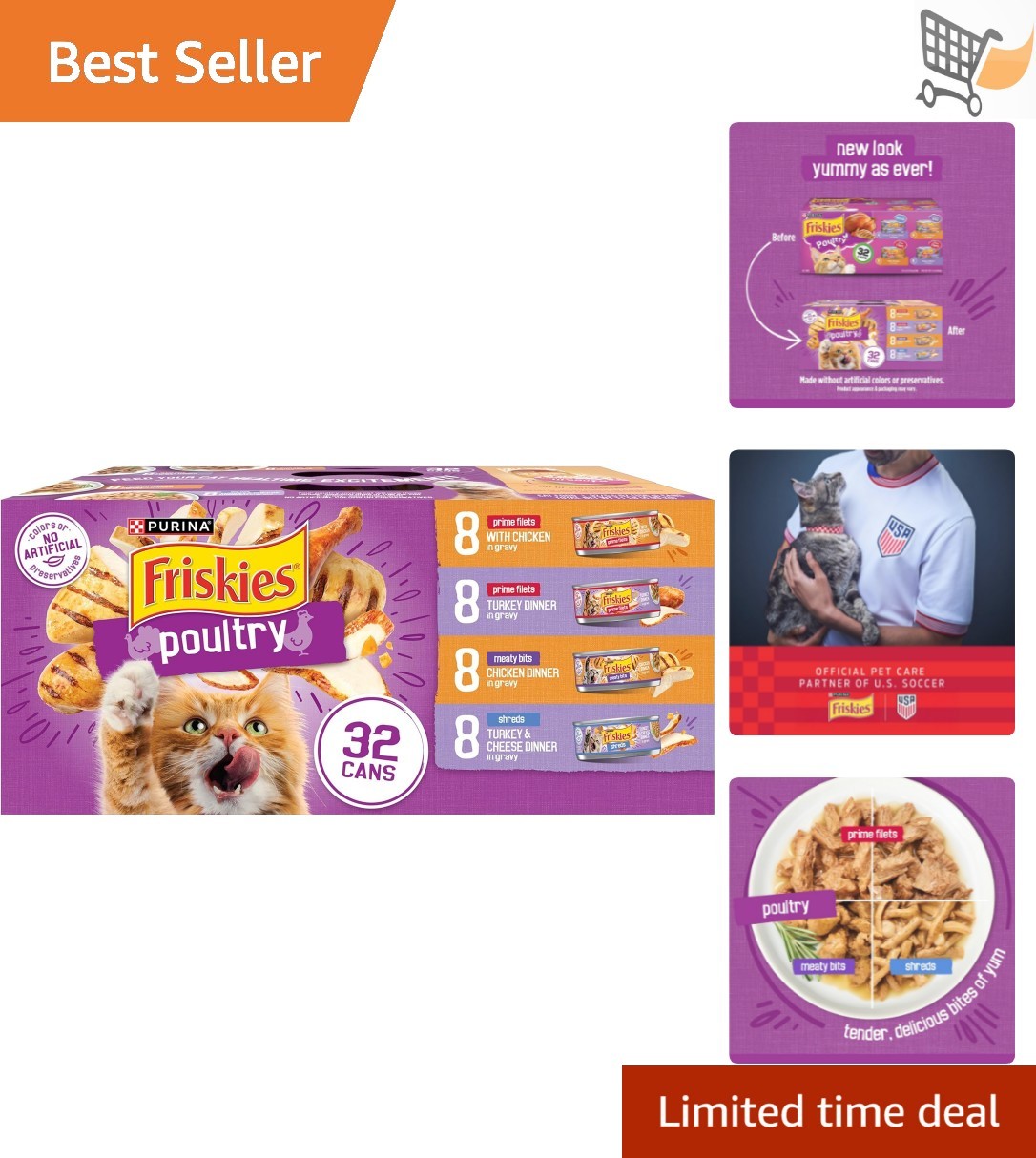 Wet Cat Food Variety Pack Poultry Shreds Meaty Bits Prime Filets 32 Cans
