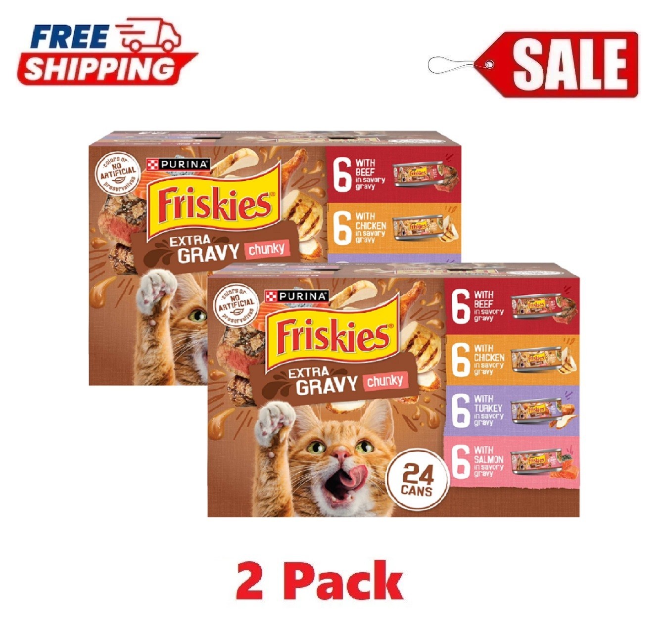 2 Pack Purina Friskies Extra Chunky Gravy Variety Pack, Wet Cat Food,5.5 oz Cans