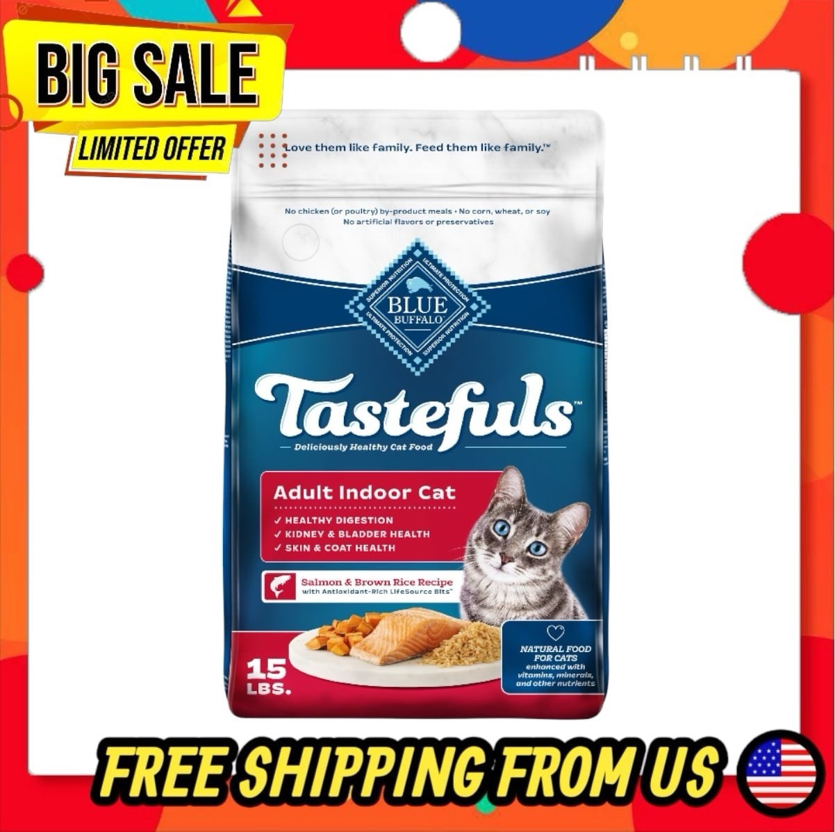 Blue Buffalo Tastefuls Dry Food, Adult Indoor Cat, Salmon and Brown Rice, 15-lb