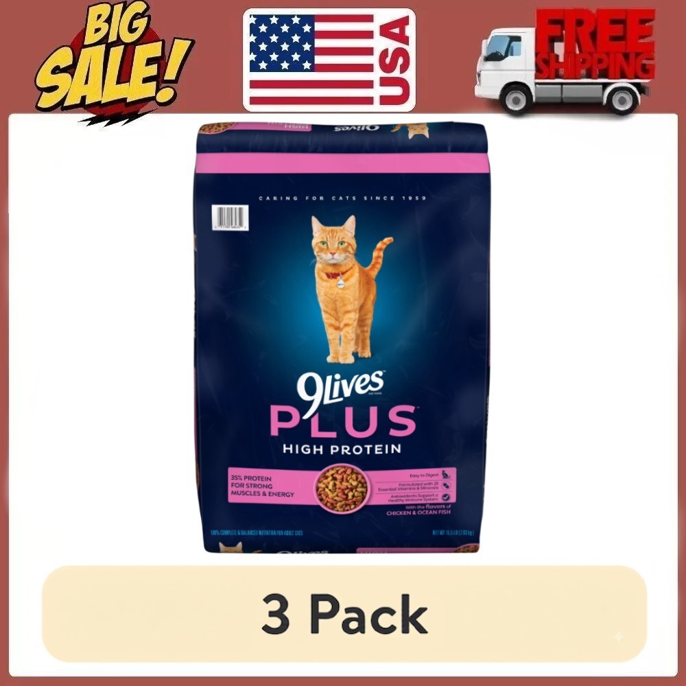 3 Pack 9Lives PLUS High Protein Dry Cat Food, 15.5 lb. Bag