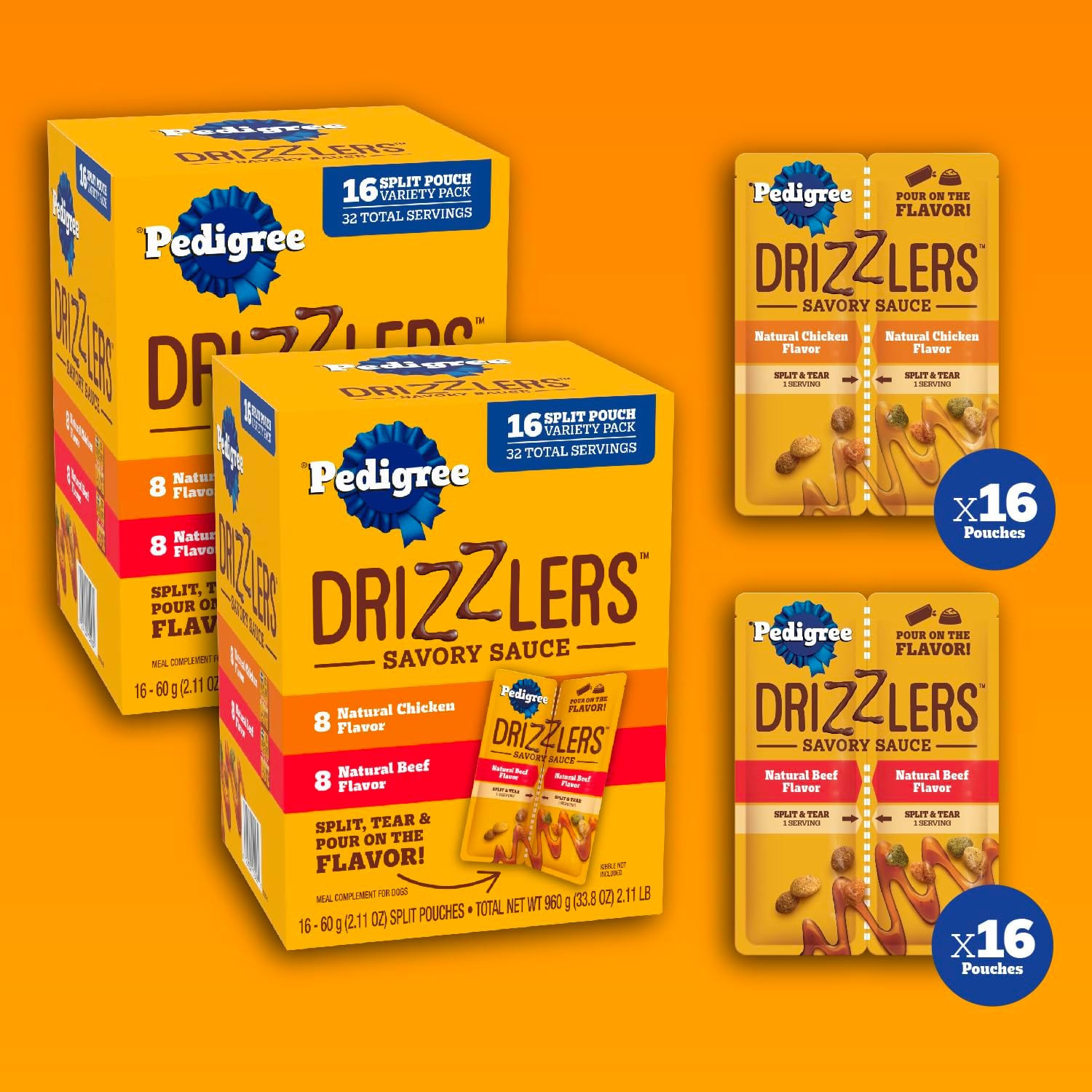 Pedigree Drizzlers Wet Dog Food Gravy Multipack, 32 Pouches, 64 Servings