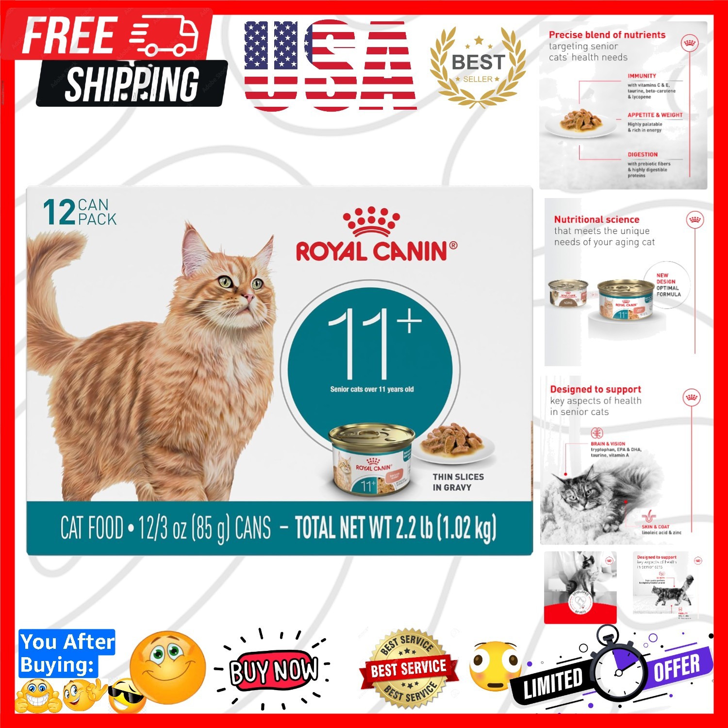Feline Health Nutrition Aging 11+ Wet Cat Food for Seniors, Thin Slices in Gr…