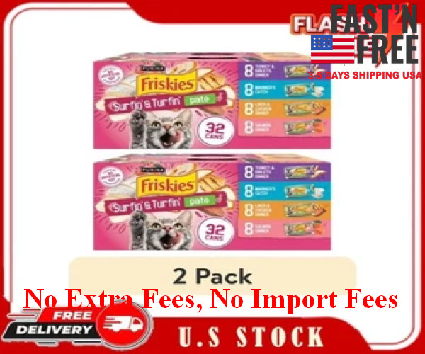 (2 Pack) Purina Friskies Pate Surfin’ & Turfin’ Wet Cat Food, 32 x 5.5 oz, NEW