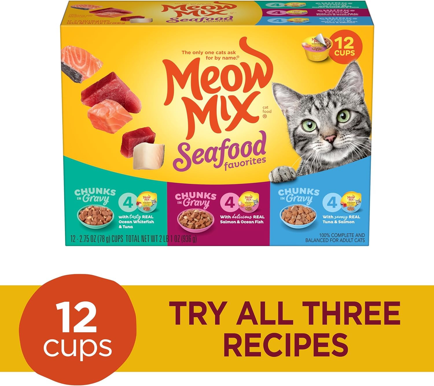 Meow Mix Seafood Favorites Chunks in Gravy Wet Cat Food Variety Pack, 2.75 Ounce