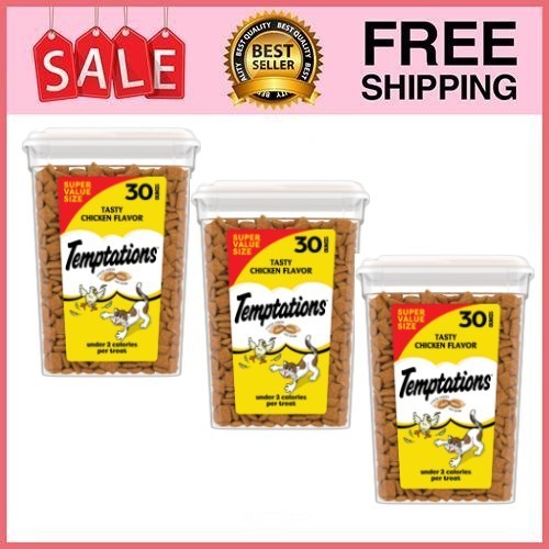3 Tub Temptations Tasty Chicken Flavor Crunchy & Soft Cat Treats, 30 oz Tub