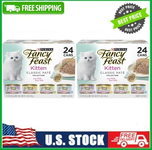 2 Box Fancy Feast Kitten & Cat Food, Classic Pate Collection w Milk, 24 ct Box