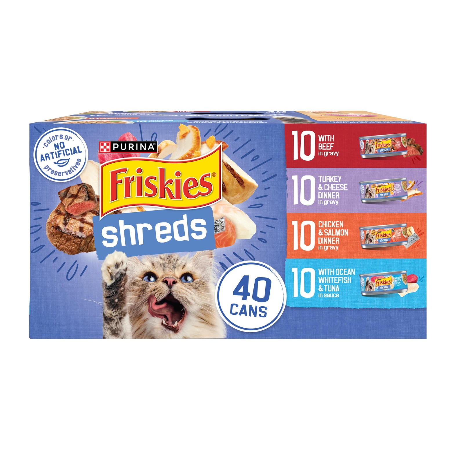 Purina Friskies Shreds Wet Cat Food Variety Pack Beef Turkey Chicken 40×5.5oz