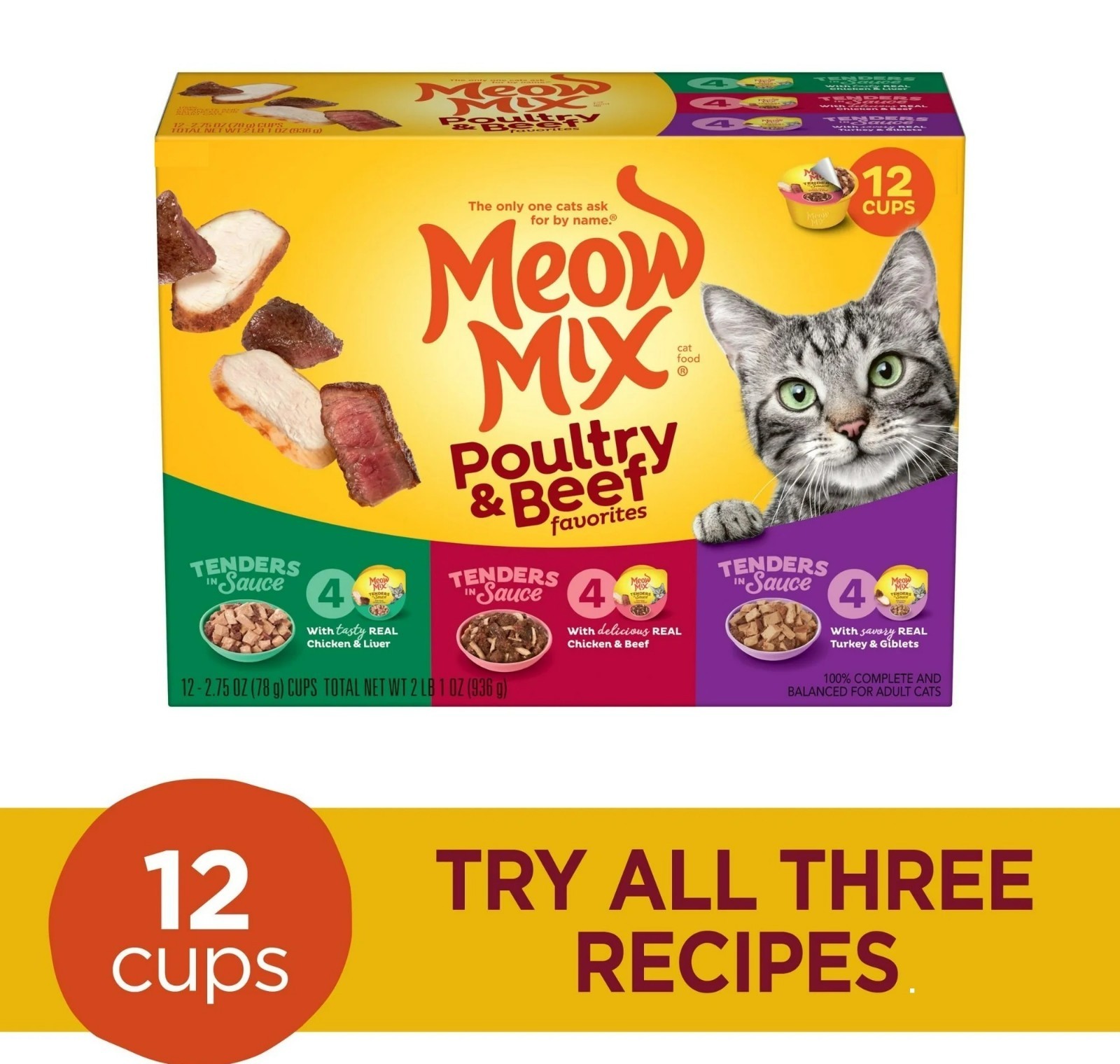 Meow Mix Tenders Wet Cat Food Variety Pack, Poultry & Beef, 12 Cups (2.75 oz)