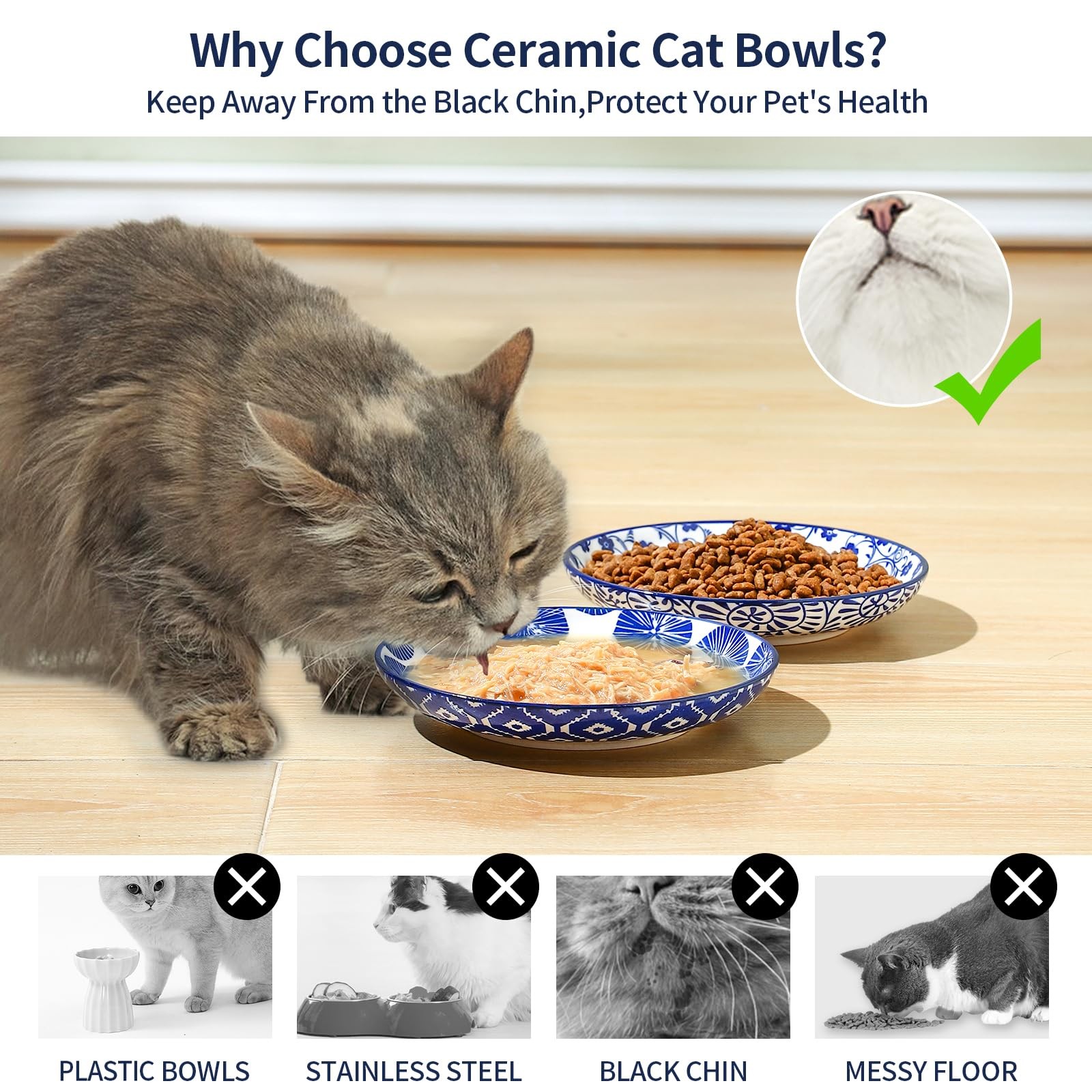 Selamica 6″ Ceramic Cat Bowl Set of 4, Shallow Whisker Relief Food Dish, Vintage