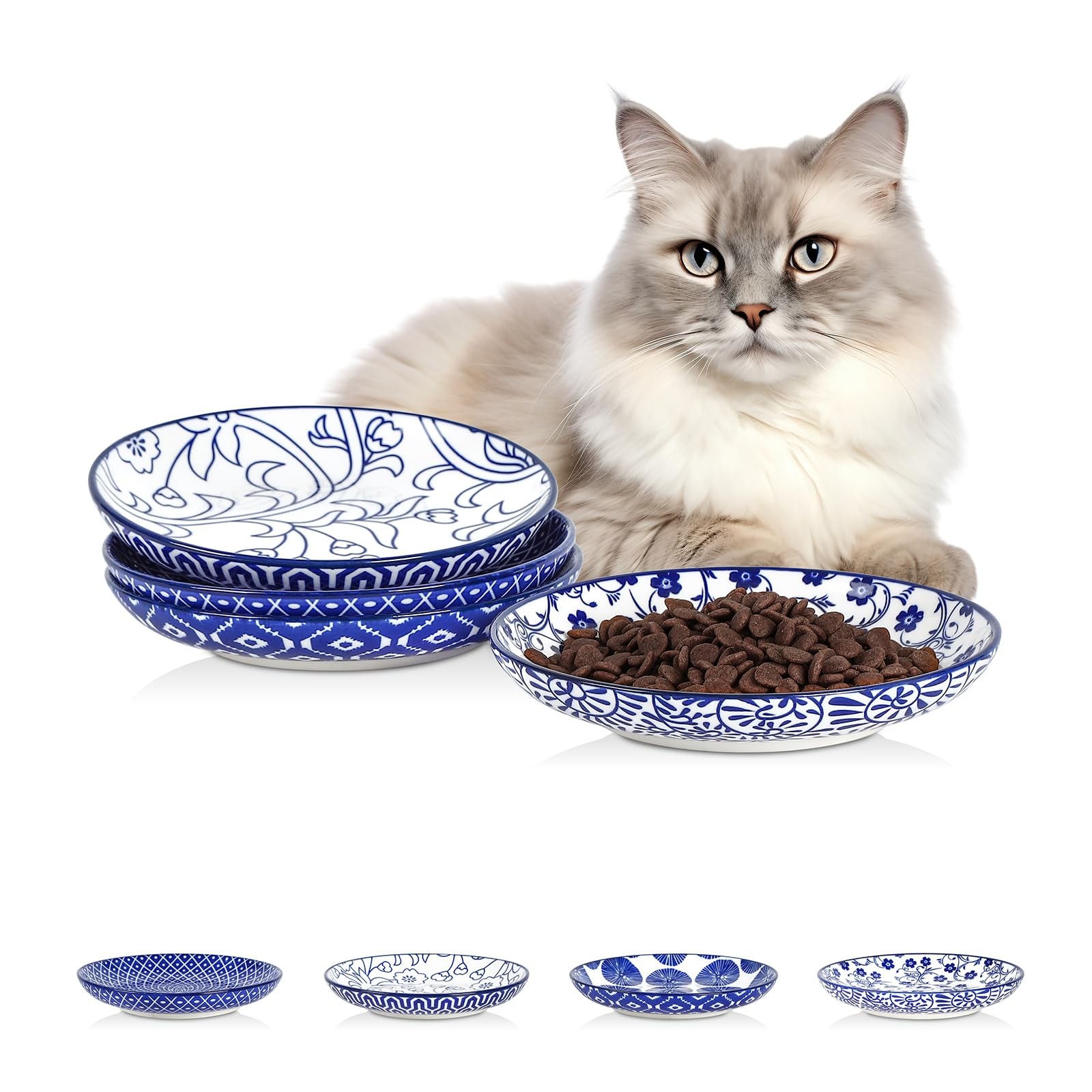Selamica 6″ Ceramic Cat Bowl Set of 4, Shallow Whisker Relief Food Dish, Vintage
