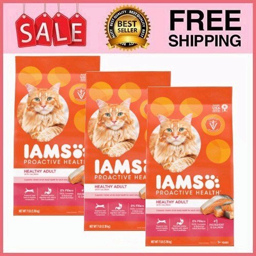 3 Bag Iams Proactive Health Salmon Flavor Dry Cat Food For Adult Cats, 7 Lb Bag