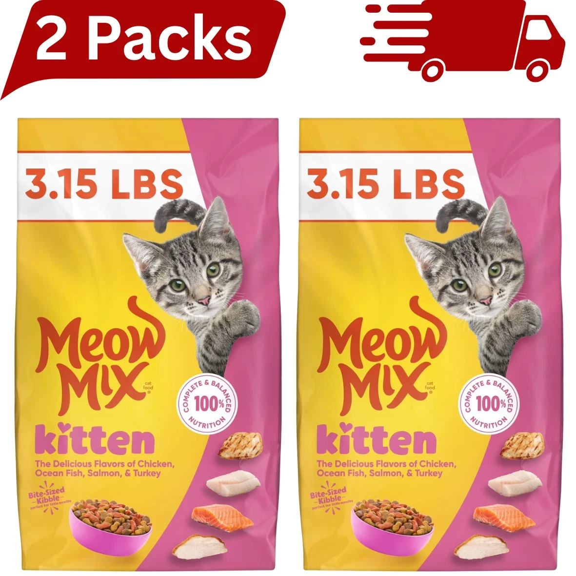 Meow Mix Kitten Li’l Nibbles Dry Cat Food for Kittens, 3.15 lb. Bag – 2 Packs