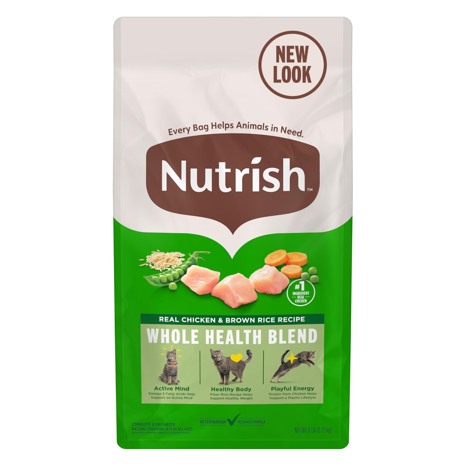Nutrish Real Chicken & Brown Rice Recipe Dry Cat Food, 6 lb. Bag, Packagin