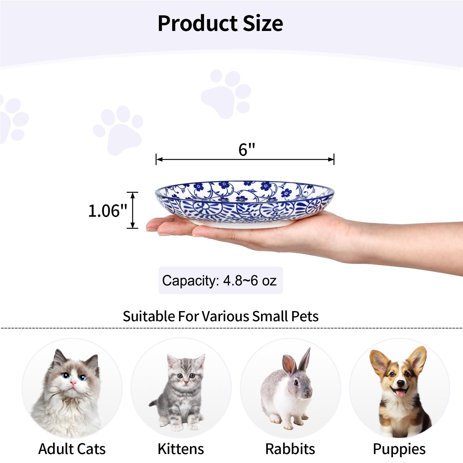 Selamica 6″ Ceramic Cat Bowl Set of 4, Shallow Whisker Relief Food Dish, Vintage
