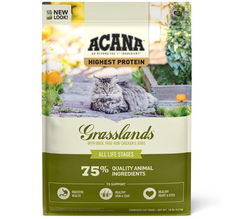 ACANA Highest Protein Grasslands Dry Cat Food, Chicken Duck Turkey Fish,. 10-lb