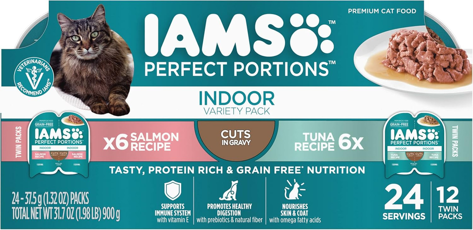 Perfect Portions Grain Free Wet Cat Food, Indoor Adult Cat Food Wet Cuts in Grav
