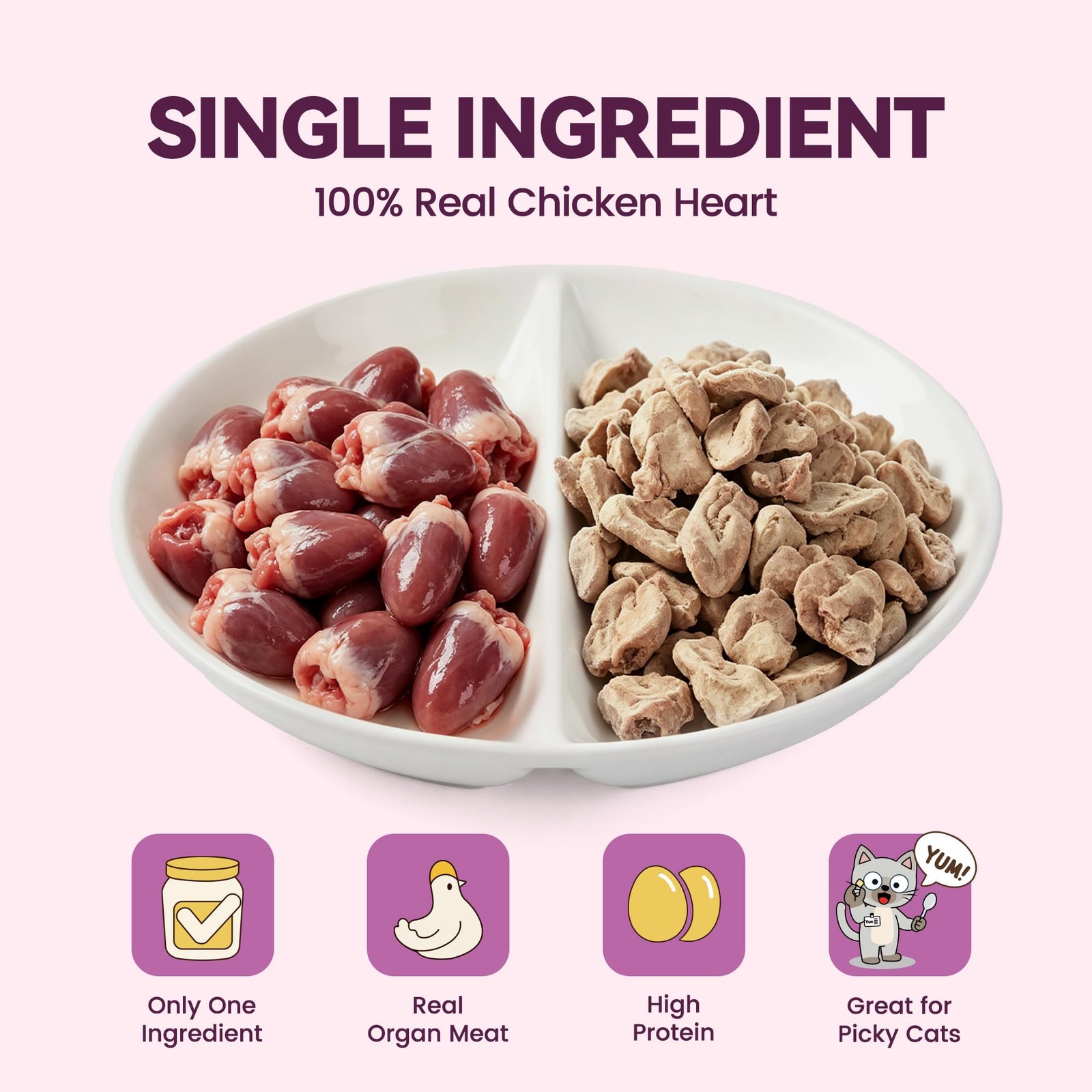 Freeze Dried Chicken Hearts Cat Treats Single Ingredient Food Topper 2 oz