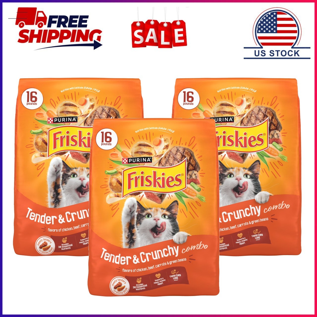 3 Pack, Purina Friskies Tender and Crunchy Dry Cat Food Flavors of Chicken,