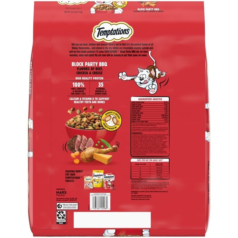 Dry Cat Food Block Party BBQ Flavor Kibble Beef Chicken Cheese All Breeds 13.5Lb