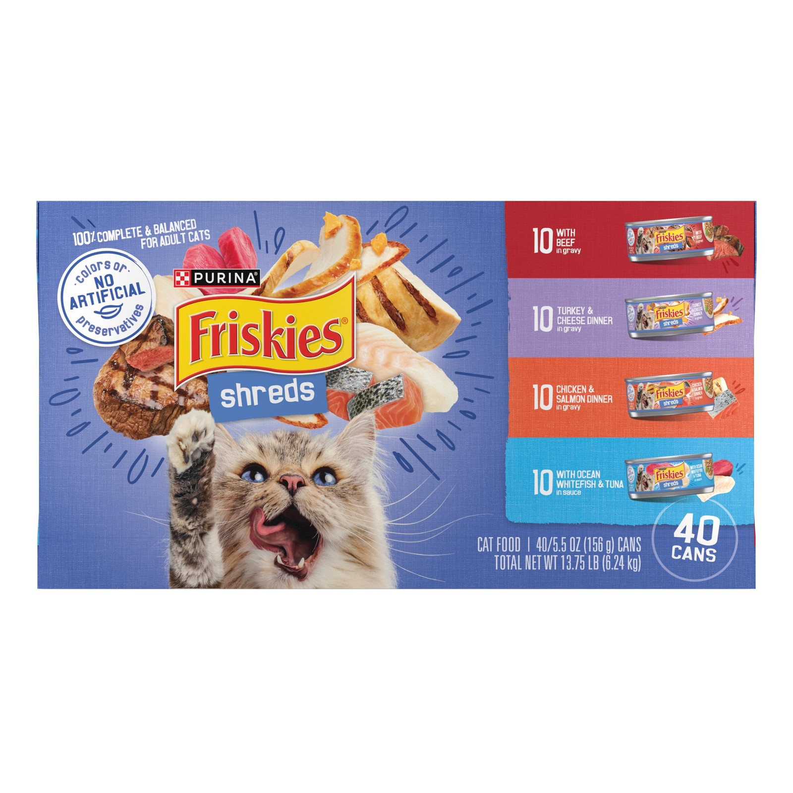 Purina Friskies Shreds Wet Cat Food Variety Pack Beef Turkey Chicken 40×5.5oz