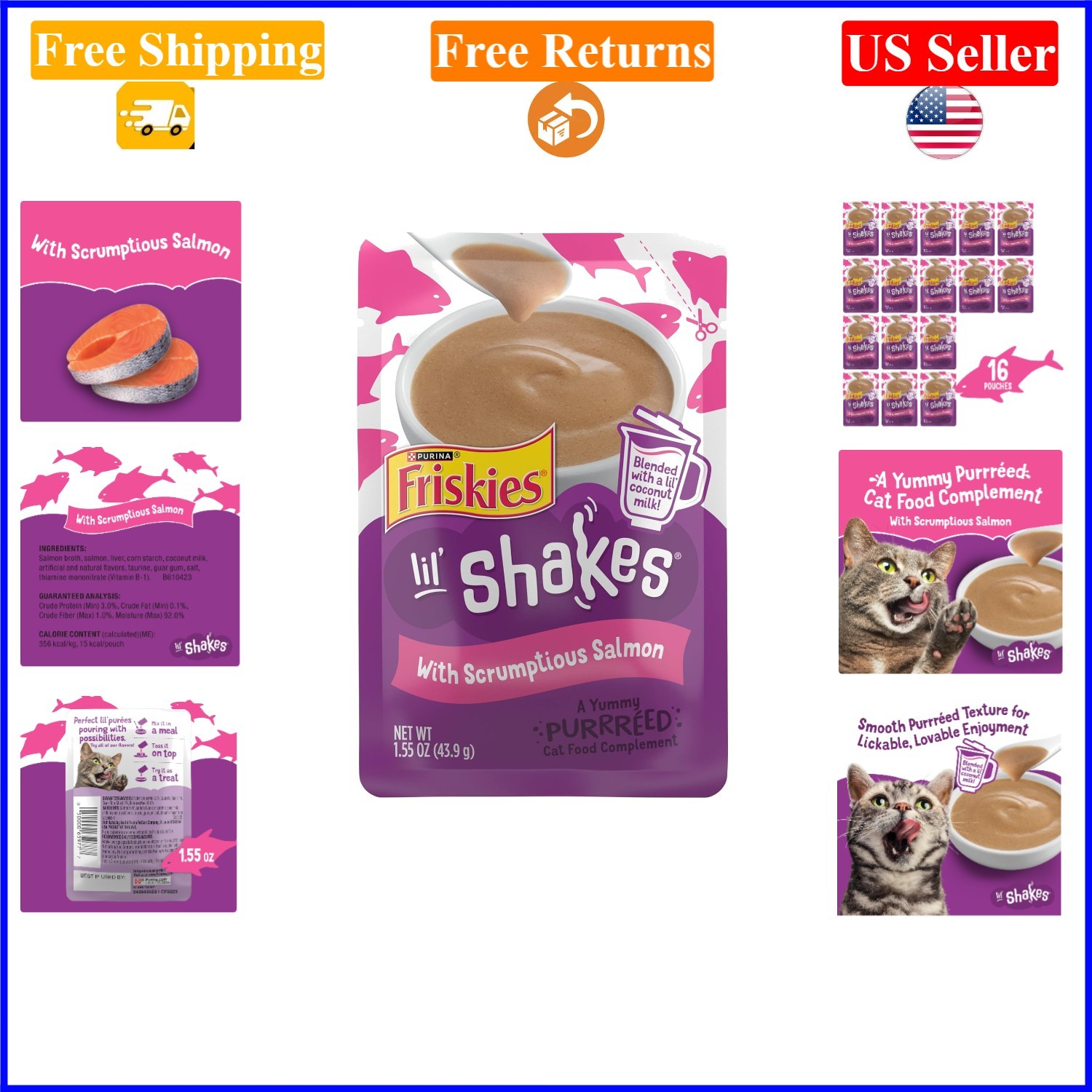 Purina Lil’ Shakes Salmon Cat Food Topper, 16 Pack, All Ages, 1.55 oz