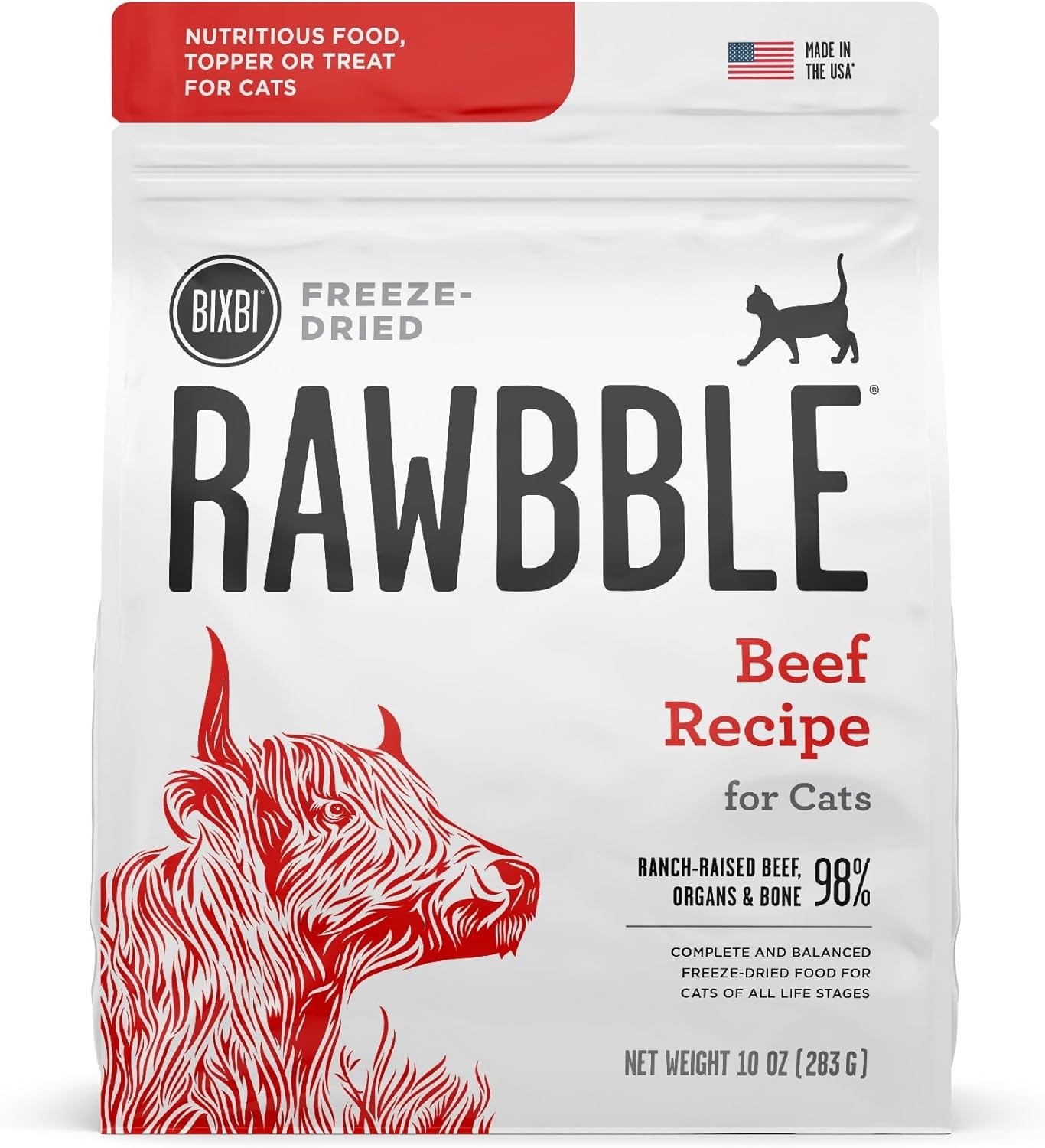 BIXBI Rawbble Freeze Dried Cat Food Beef Recipe Food Topper Treat 10 oz Bag