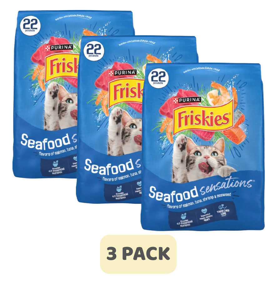 (3 Pack) Friskies Seafood Sensations Salmon, Tuna & Shrimp Dry Cat Food, 22 lb