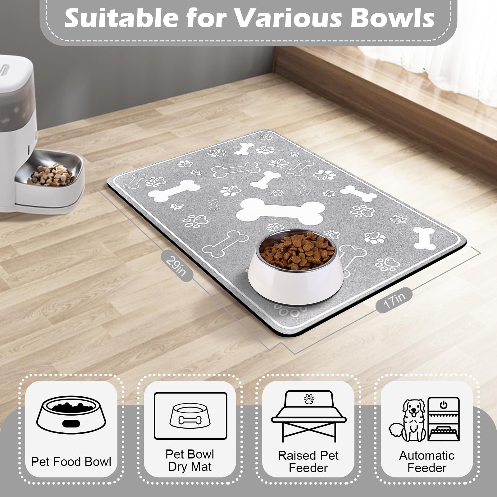 Pet Feeding Mat, Rapid Absorbent for Dog Cat Food & Water Bowl, 17″x29″ Grey