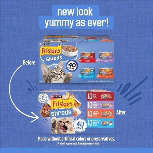 Purina Friskies Wet Cat Food Variety Pack 40 Cans 5.5oz Shreds Beef Chicken