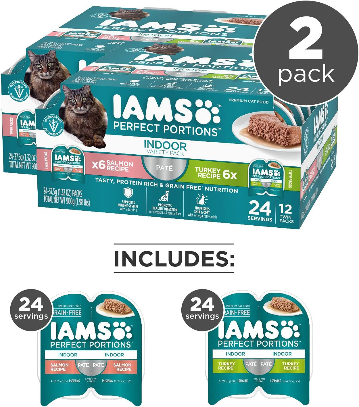 Perfect Portions Indoor Adult Grain Free Wet Cat Food Pate, Turkey and Salmon Re