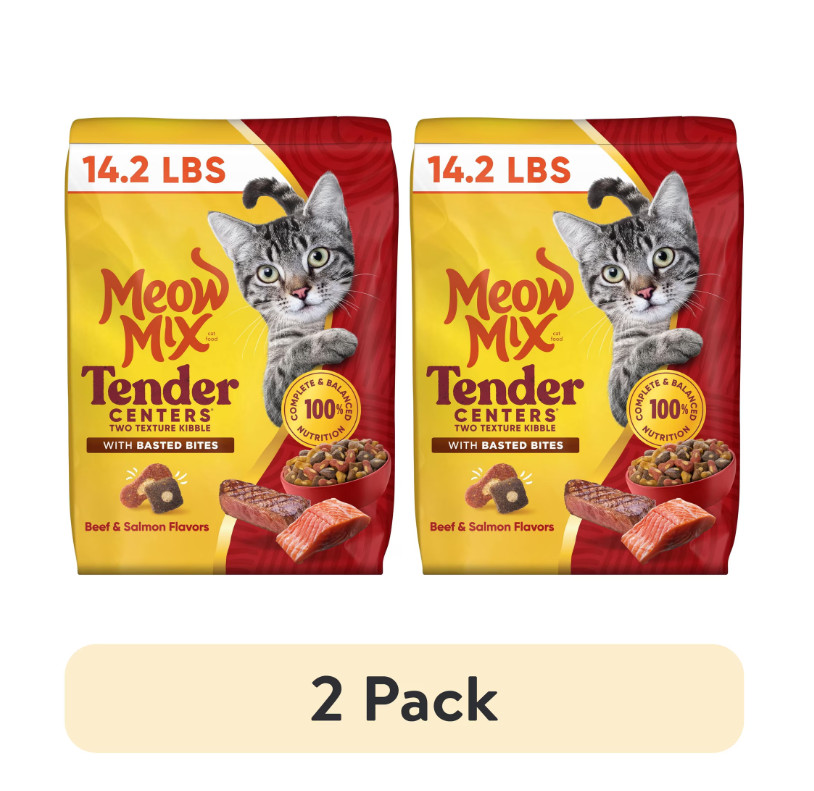(2 pack) Meow Mix Tender Centers, Beef & Salmon Flavors, Dry Cat Food 14.2lb Bag