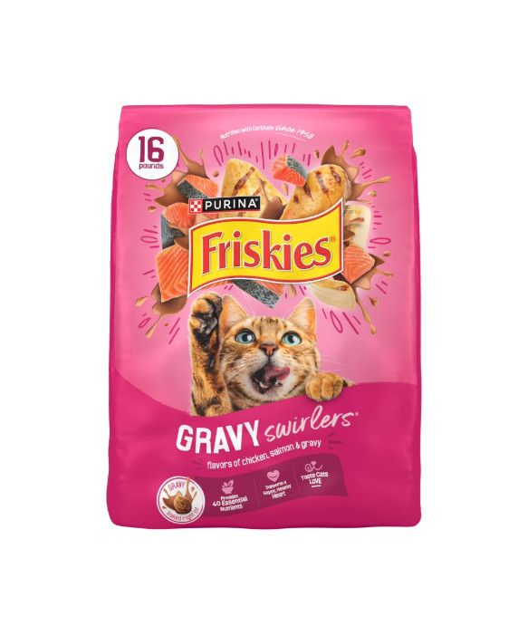 Purina Friskies Dry Cat Food Gravy Swirl’d Chicken, Salmon & Gravy, 16 lb